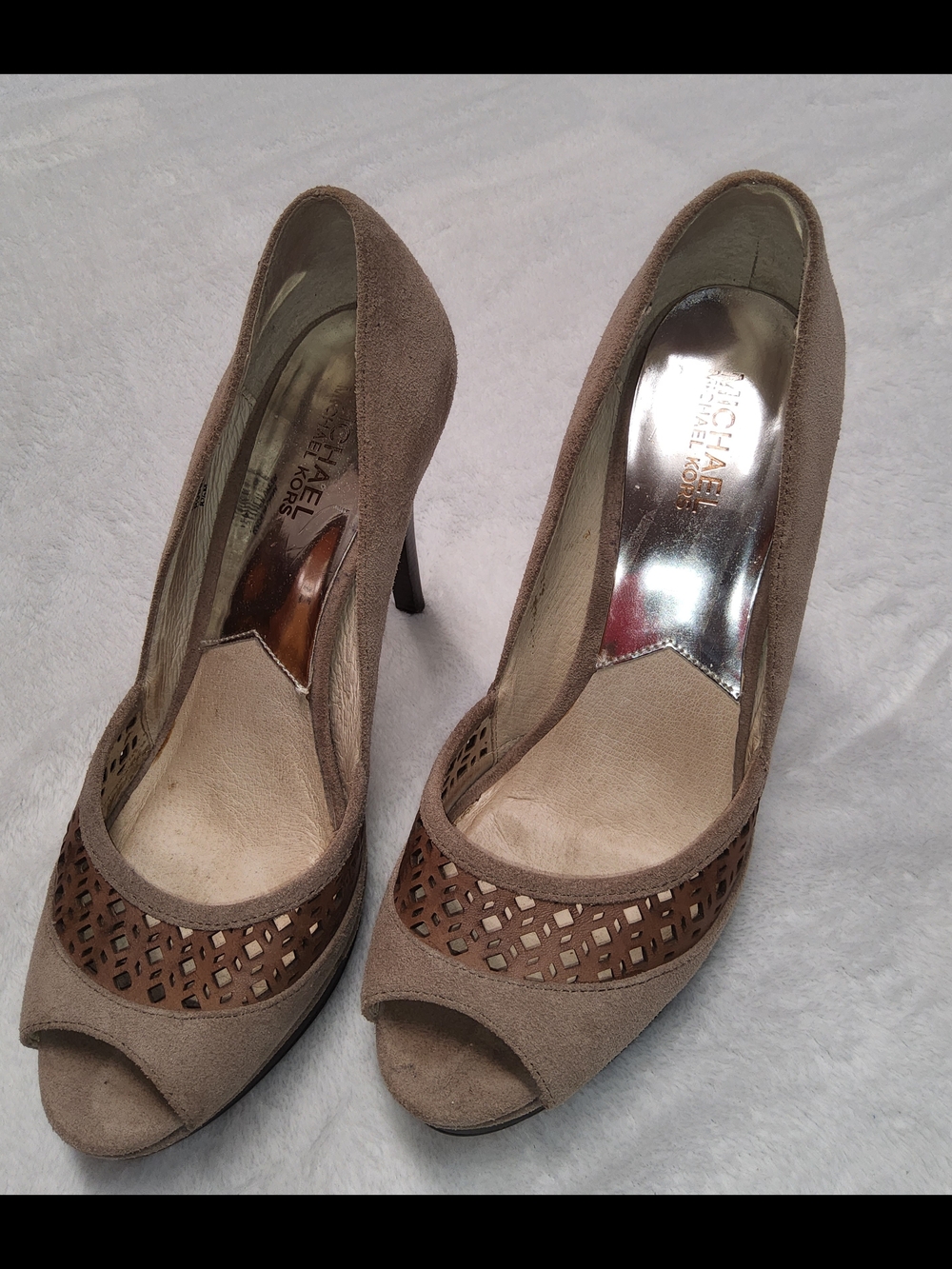 MICHAEL Michael Kors Taupe Peep-Toe Suede Pumps